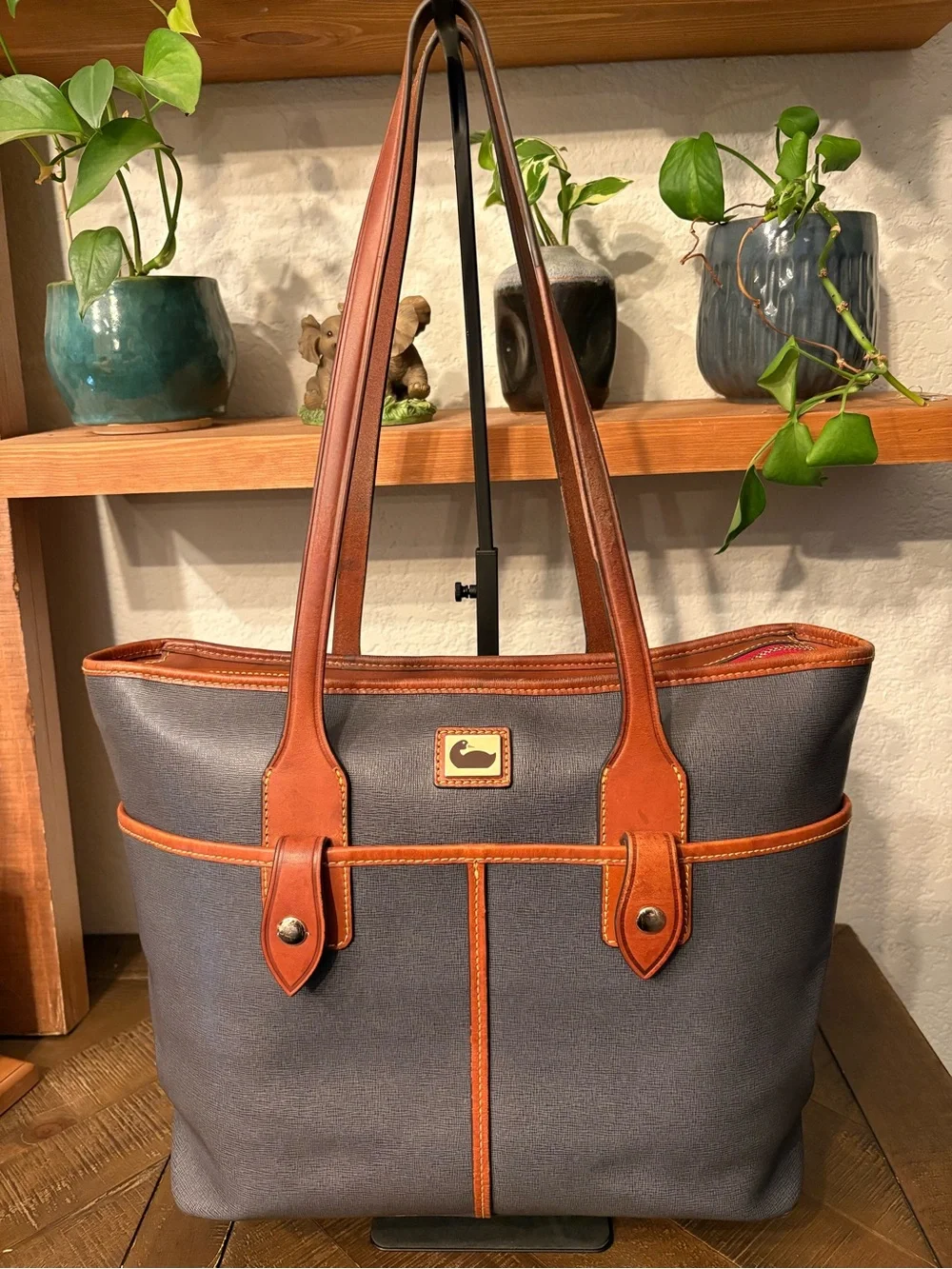 Dooney & Bourke Lexington Navy Coated Canvas Shopper Tote British Tan Leather